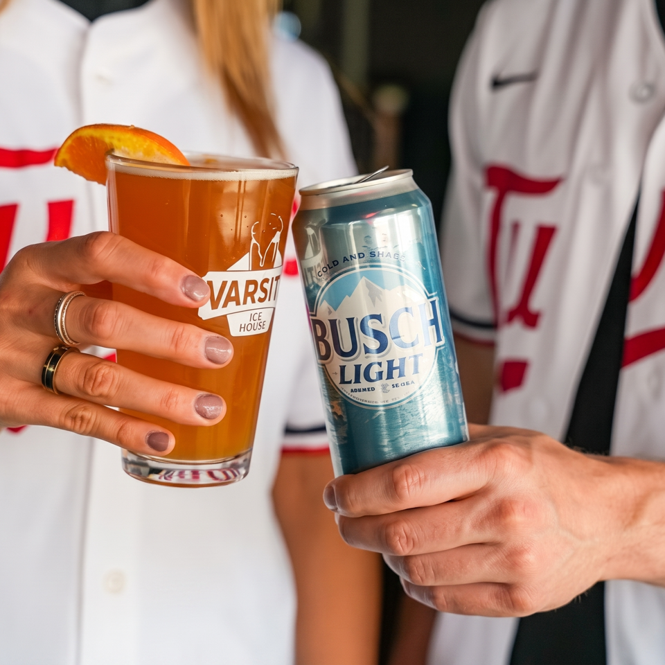 Two people in baseball jerseys clinking a beer glass with an orange slice and a Busch Light can.