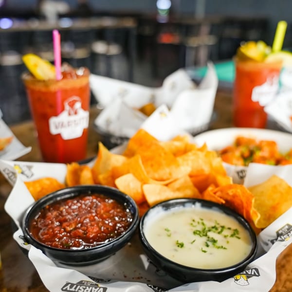 Nachos with salsa and queso, and two Bloody Mary cocktails at Varsity Rock House.